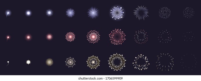 Fireworks animation. Animated firework explosion frames, party firecracker explosion storyboards. Fireworks explosions vector illustration set. Explosion sequence action, firework collection set