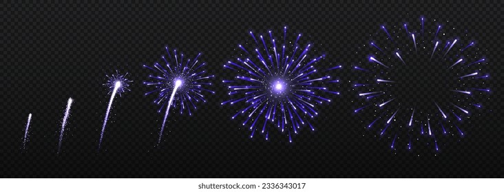 Fireworks animation on copy space concept. Design element for greeting postcards. New Year and Christmas lights and sparkles. Realistic vector illustration isolated on transparent background
