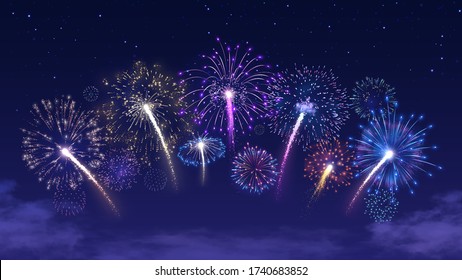 Fireworks arc on starry night sky. Firecracker festival, colorful firework burst and holiday celebration vector background illustration