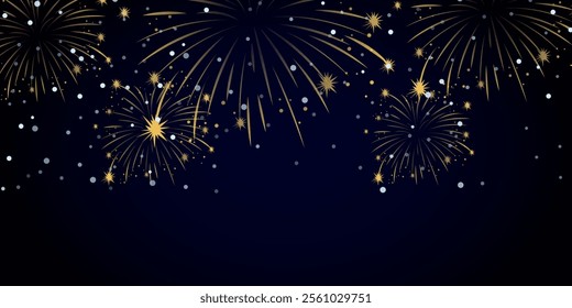 Fireworks arc on starry night sky. Firecracker festival, colourful firework burst and holiday celebration vector background illustration, Vector decorative border with colourful exploding fireworks.