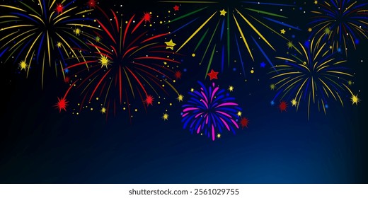 Fireworks arc on starry night sky. Firecracker festival, colourful firework burst and holiday celebration vector background illustration, Vector decorative border with colourful exploding fireworks.