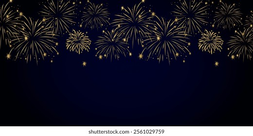 Fireworks arc on starry night sky. Firecracker festival, colourful firework burst and holiday celebration vector background illustration, Vector decorative border with colourful exploding fireworks.