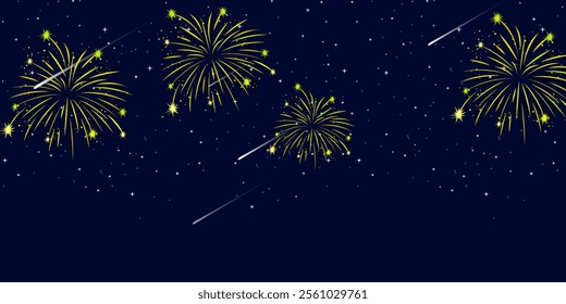 Fireworks arc on starry night sky. Firecracker festival, colourful firework burst and holiday celebration vector background illustration, Vector decorative border with colourful exploding fireworks.