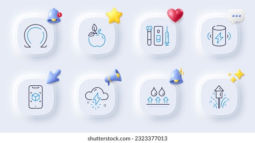 Fuegos artificiales, realidad aumentada e iconos de línea impermeable. Botones con timbre 3d, discurso de chat, cursor. Paquete de análisis de sangre y saliva, clima de tormenta, icono de Omega. Vector