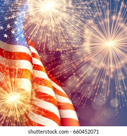 Fireworks background for 4th of July Independense Day with american flag. Vector illustration EPS10