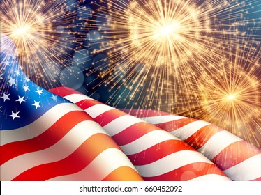 Fireworks background for 4th of July Independense Day with american flag. Vector illustration EPS10