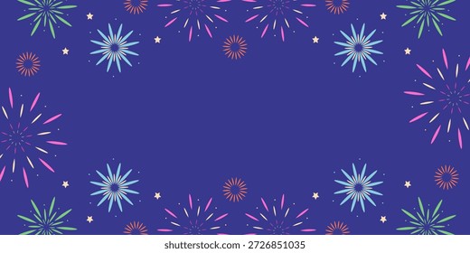 Plano de fundo dos fogos de artifício contra o céu noturno com um espaço oval para texto. Ilustração desenhada à mão vetorial para seus projetos.