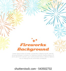 Fireworks background with colorful fireworks at top on white. Happy holidays postcard with salute elements for postcard or greeting card with pyrotechnical elements. Banner poster with salute. Vector