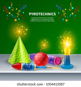 Fireworks background with editable text and decorative images of colourful confetti sparklers firecrackers and party hats vector illustration