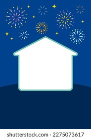 Fondo de los fuegos artificiales y marco de forma de la casa, ilustración vectorial