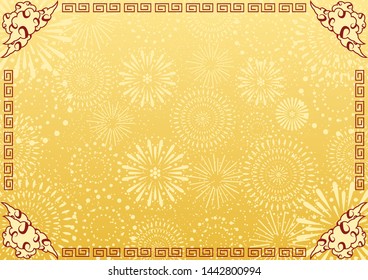 fireworks background with meander pattern and Asian design clouds 