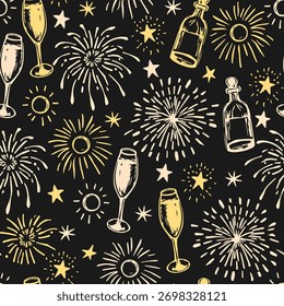 Fireworks Background. Vector Christmas Seamless Pattern with hand Drawn Fireworks Textures on Black Backdrop. Winter Holidays Print Design. Repeat Design for Xmas and Birthday Decor, Wallpapers