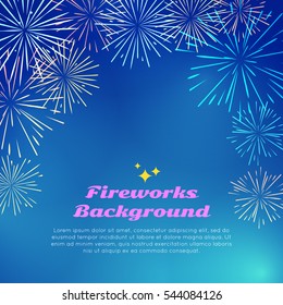 Fireworks backgroundwith colorful fireworks top frame on blue. Happy holidays postcard with salute elements. Greeting New Year banner card with pyrotechnical elements. Vector salute poster template