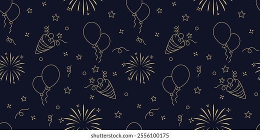 Fireworks Balloons and New Years Hat in Seamless Pattern New Year's Eve