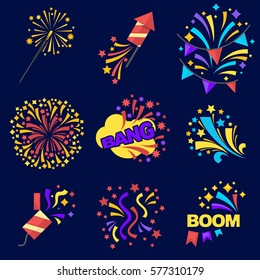 Fireworks bangs collection of logos on dark blue. Vector poster of exploding pyrotechnics and rockets equipments with bang and boom inscriptions. Colourful and dangerous elements for celebrations