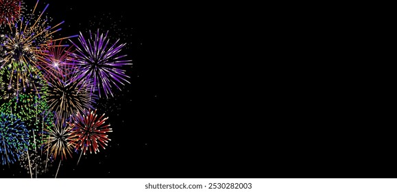 Fireworks banner, colorful New Year border, background