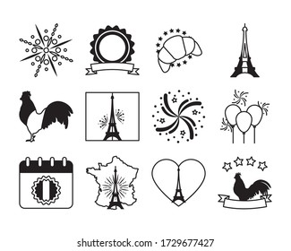 fireworks and bastille day icon set over white background, line style, vector illustration