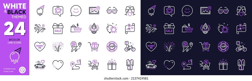 Fireworks, Bathrobe and Love glasses line icons for website, printing. Collection of Vip chip, Airplane travel, Clown icons. Heart, Special offer, Flight sale web elements. Bike. Vector