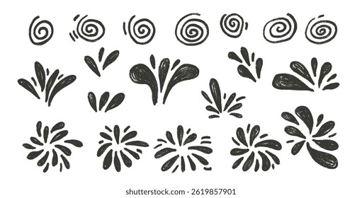 Fireworks black charcoal set. Festive firecracker brush painted isolated on white background. Doodle silhouette comets collection. Splash and circle flash. Vector hand drawn illustration.
