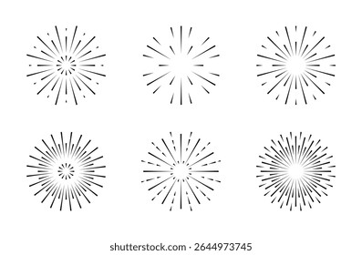 Linha editável preta do Fireworks em estilo plano. Explosão de explosão com traçado editável. Feliz aniversário de ano novo. Brilhos para cartão de banner de cartaz. Esplêndios simples Redondo sunburst, conjunto de ícones de quadro radial de linha.