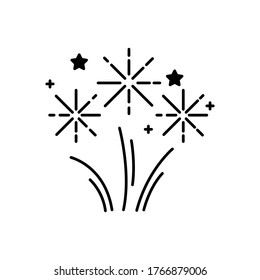 Fireworks black glyph icon. Pyrotechnics. Celebration event. Party entertainment. Bright sparkles. Shining stars. Burst of confetti. Silhouette symbol on white space. Vector isolated illustration