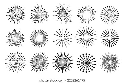 Fireworks black line set. Celebration fire firework christmas new year pyrotechnics firecracker night festival birthday party. Vintage sunburst bursting sun rays. Radial light beams salute spark