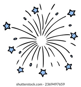 Fireworks from blue stars. Color vector illustration. Flash, flying sparks and stars. Pyrotechnic decoration of the festive event. Cartoon style. Isolated background. Idea for web design.