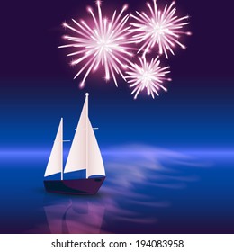 Fireworks from the boat on the sea