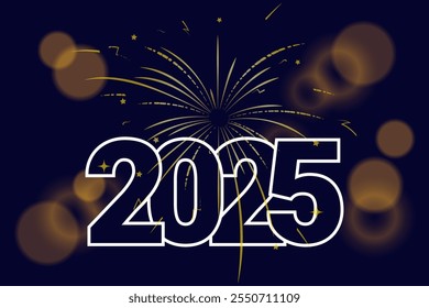 Feux d'artifice et flou 2025. Chiffres de l'année 2025 sur fond noir.