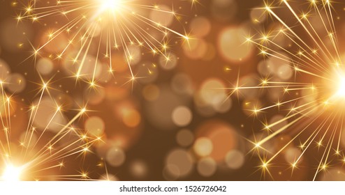 Fireworks and bokeh lights effect background. Vector golden New Year rockets or Christmas bokeh sparkle banner.