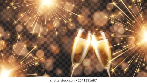 Fuegos artificiales, efecto de luces bokeh y copas de champán o vino blanco aislados sobre fondo transparente. Vector de oro Año Nuevo saludo Anuncio brillante con copas de vino de bebida efervescente dorada