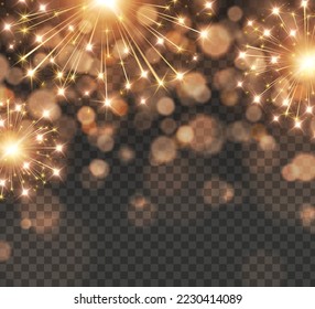 Fireworks and bokeh lights effect isolated on transparent background. Vector golden New Year rockets or Christmas bokeh sparkle banner	