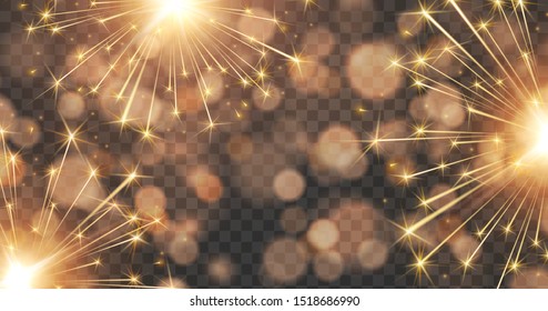 Fireworks And Bokeh Lights Effect Overlay Texture Isolated On Transparent Background. Vector New Year Rockets Or Christmas Bokeh Sparkle Banner.
