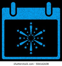 Fireworks Boom Calendar Day grainy textured icon for overlay watermark stamps. Flat symbol with unclean texture. Dotted vector blue ink rubber seal stamp with grunge design on a black background.
