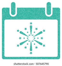 Fireworks Boom Calendar Day grainy textured icon for overlay watermark stamps. Flat symbol with dirty texture. Dotted vector cyan ink rubber seal stamp with grunge design on a white background.