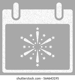 Fireworks Boom Calendar Day grainy textured icon for overlay watermark stamps. Flat symbol with dust texture. Dotted vector white ink rubber seal stamp with grunge design on a silver background.