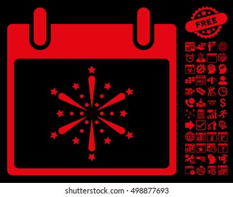 Fireworks Boom Calendar Day pictograph with bonus calendar and time management clip art. Vector illustration style is flat iconic symbols, red, black background.