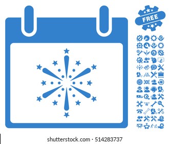 Fireworks Boom Calendar Day pictograph with bonus service symbols. Vector illustration style is flat iconic symbols, cobalt, white background.