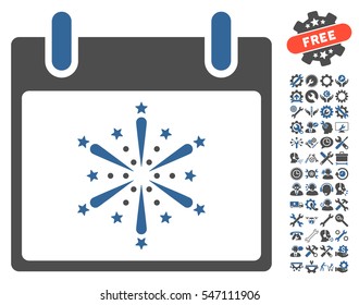 Fireworks Boom Calendar Day pictograph with bonus setup tools symbols. Vector illustration style is flat iconic symbols, cobalt and gray, white background.