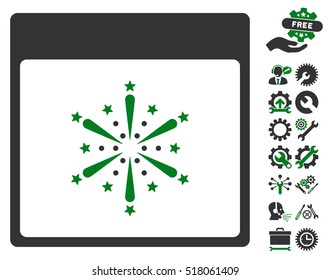 Fireworks Boom Calendar Page icon with bonus options pictograms. Vector illustration style is flat iconic symbols, green and gray, white background.