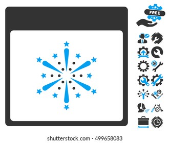 Fireworks Boom Calendar Page pictograph with bonus setup tools design elements. Vector illustration style is flat iconic symbols, blue and gray, white background.