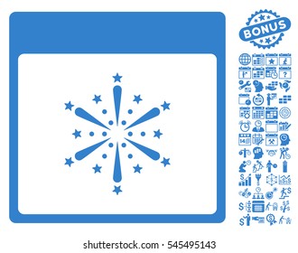 Fireworks Boom Calendar Page pictograph with bonus calendar and time management images. Vector illustration style is flat iconic symbols, cobalt, white background.