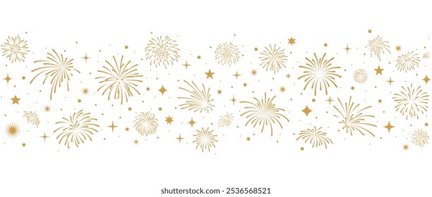 Fireworks border, New Year banner, gold fireworks and stars