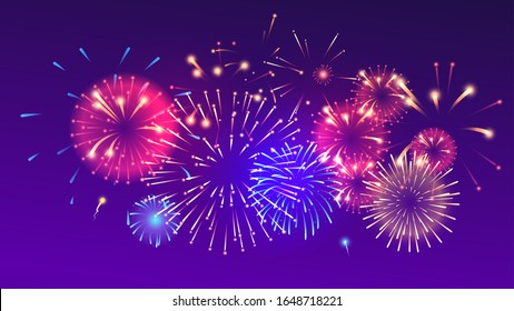 Fireworks bright explode vector effect. Festival realistic salute, glowing gradient light effect isolated on purple backdrop. Pyrotechnic illumination, sparks horizontal background design