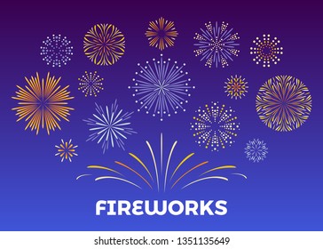 Fireworks. Bright festive fireworks on a dark background. Anniversary beautiful firecracker in night sky. Vector illustration of  bright burst in simple flat style.