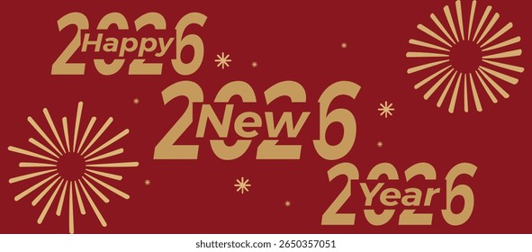 Fireworks in Bright golden colors on a red background for New Year 2026.Celebration New Year's Golden fireworks in the red sky Design art vector.