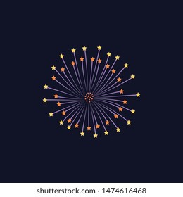 Fireworks with bright star lights for party celebration. Simple hand drawn cartoon explosion for holiday or festival decoration in yellow and orange colors on black sky, isolated vector illustration