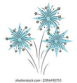 Fireworks. Bright turquoise sparks and golden stars fly in different directions. Pyrotechnic sky flowers. Color vector illustration. Flash for a holiday event. Isolated background. Cartoon style. 