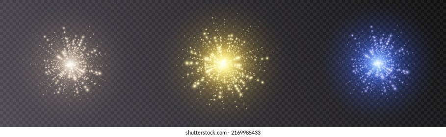 Fireworks with brightly shining sparks. Bright explosions of fireworks isolated on a transparent background. Vector in png.