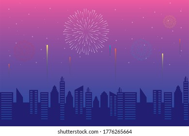 Fireworks burst explosions with citycape in pink sky background vector illustration design